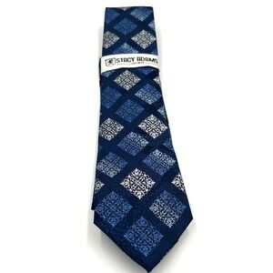 Stacy Adams Men's Neck Tie & Pocket Square Set Blue White‎ Diamonds 3.5W  x 60L